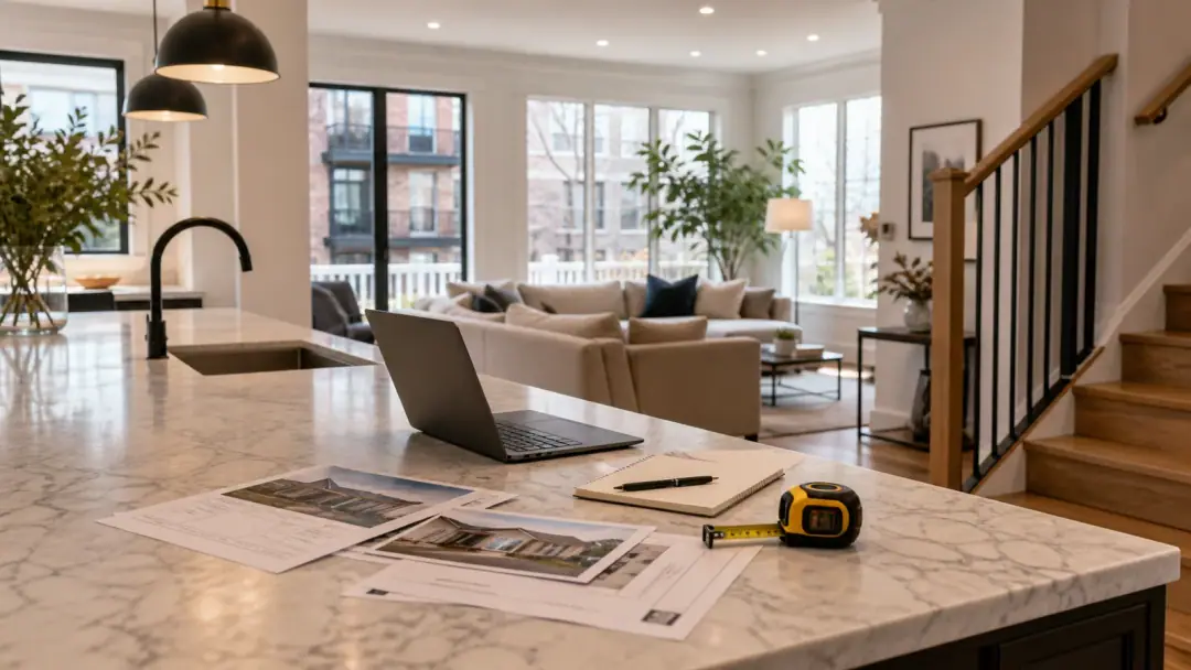 Montreal home valuation preparation with property notes on a kitchen island