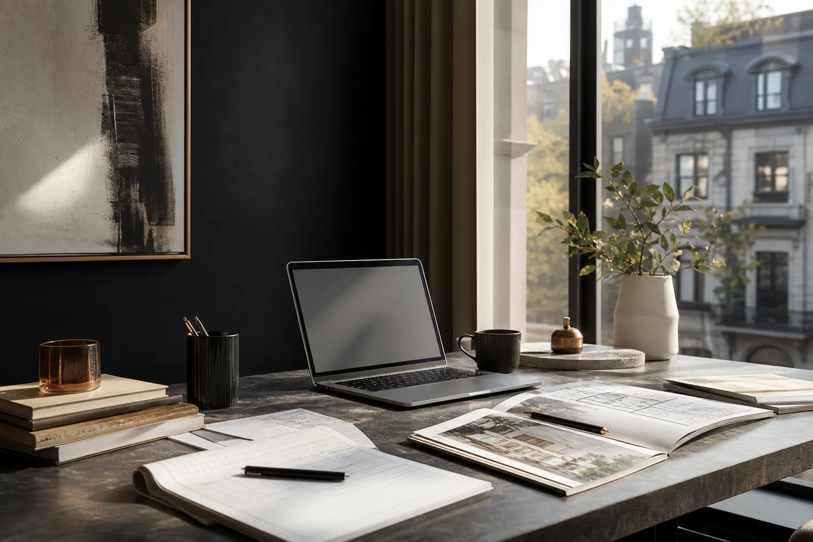 Real estate strategy desk with market notes and Montreal residential view